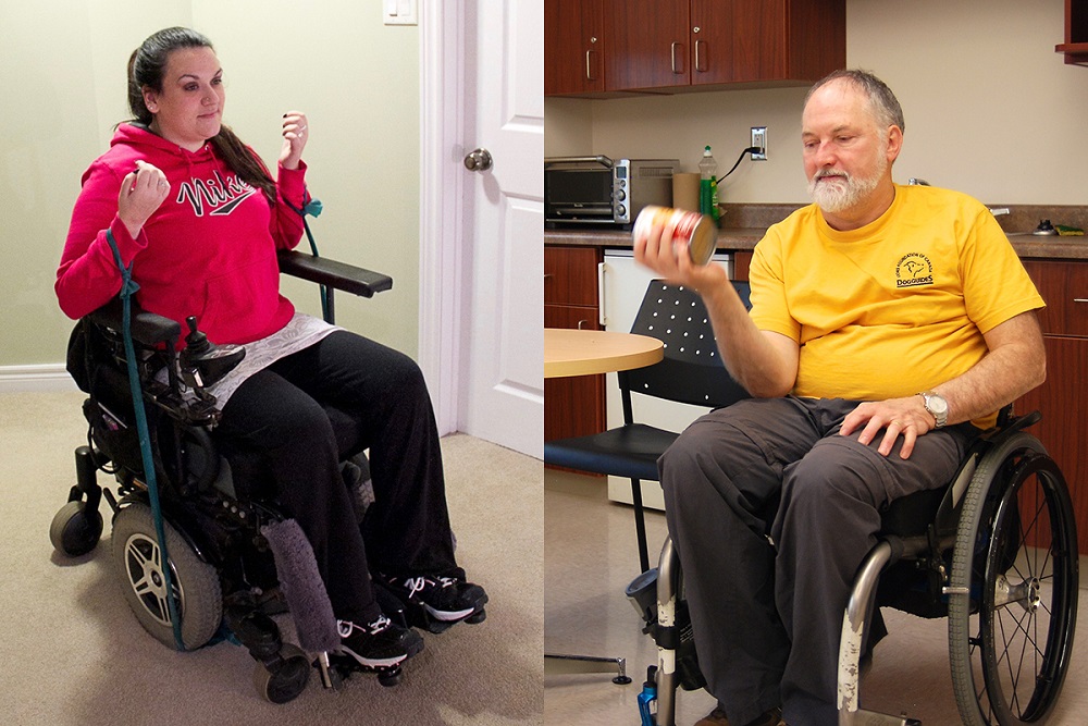 [Two people in wheelchairs performing different exercises]