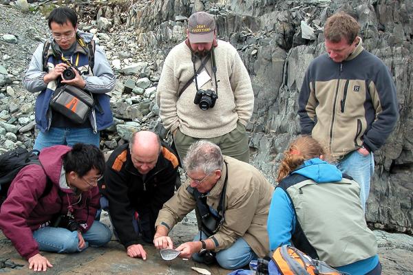 [Researchers examining fossils on Mistaken Point]