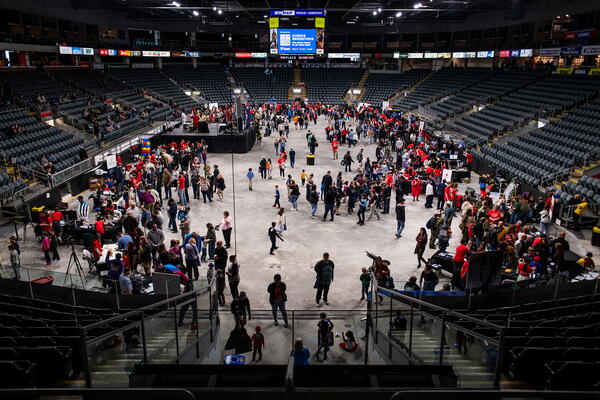 View of Science Rendezvous crowd from bleachers