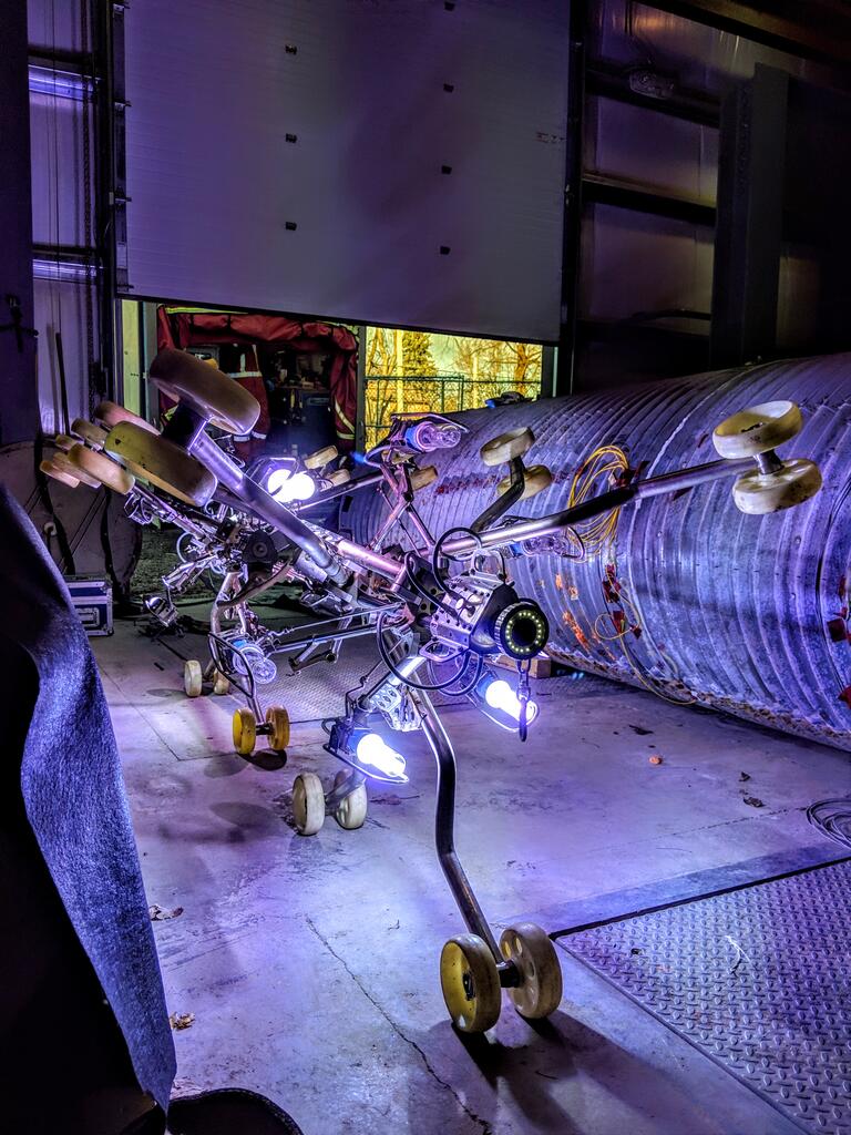 A UV light train being prepared to help rehabilitate a corrugated steel pipe