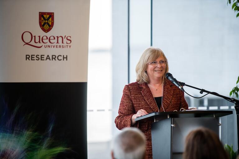 Vice-Principal Research, Nancy Ross, addressing Queen's research leaders. Dr. Ross was awarded the 2023 Melinda S. Meade Distinguished Scholarship Award in Health and Medical Geography from the American Association of Geographers.