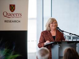 Vice-Principal Research, Nancy Ross, addressing Queen's research leaders. Dr. Ross was awarded the 2023 Melinda S. Meade Distinguished Scholarship Award in Health and Medical Geography from the American Association of Geographers.