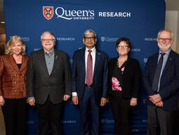Left to right: Nancy Ross, Vice-Principal (Research), John Smol (Biology), Praveen Jain (Electrical and Computer Engineering), Cathleen Crudden (Chemistry), and Queen's Principal Patrick Deane. Dr. Smol was recognized for his lifetime achievements with the Vega Medal, a Nobel Prize-equivalent in geography, awarded by the King of Sweden. Dr. Crudden received the 2023 NSERC Polanyi Award, one of the funding agency's highest honours.