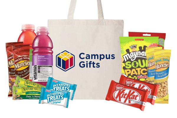 Exam Survival package with Campus Gifts tote bag and various snacks