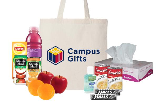 Feel Better package with Campus Gifts tote bag and various snacks, tea, and tissue boxes