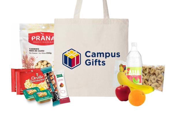 Healthy Study package with Campus Gifts tote bag and various snacks