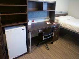 Example accommodations in Brant House and David C. Smith House. Room features a bed, desk, mini fridge, wardrobe and television. 