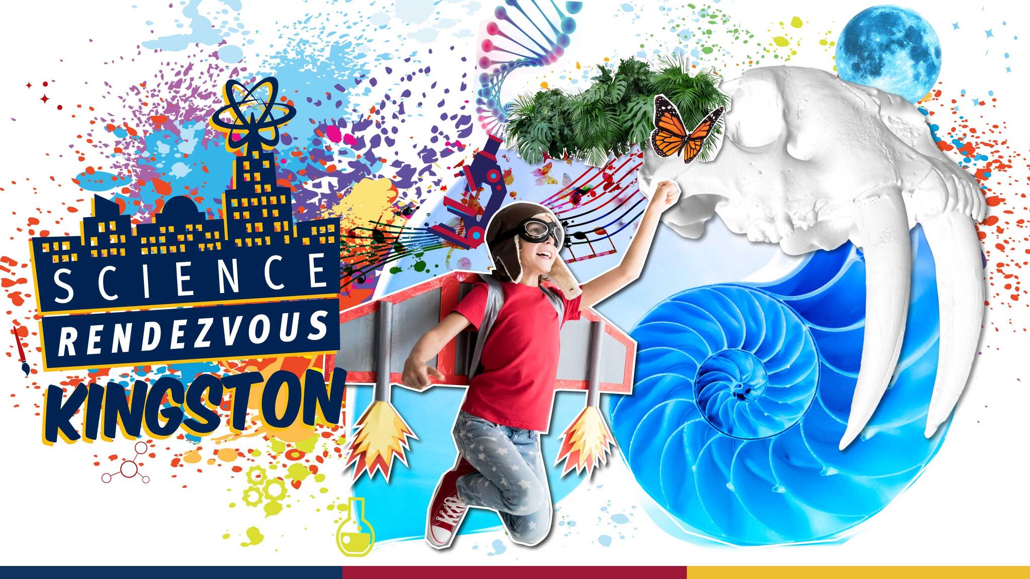 Decorative graphic showing a child with a cardboard jetpack chasing a butterfly. The image also includes a DNA strand and fossils and the Science Rendezvous Kingston logo.