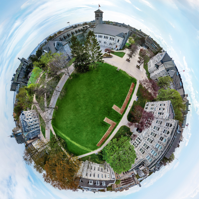 Stylized image of the Queen's campus made to look like an earth-like planet.