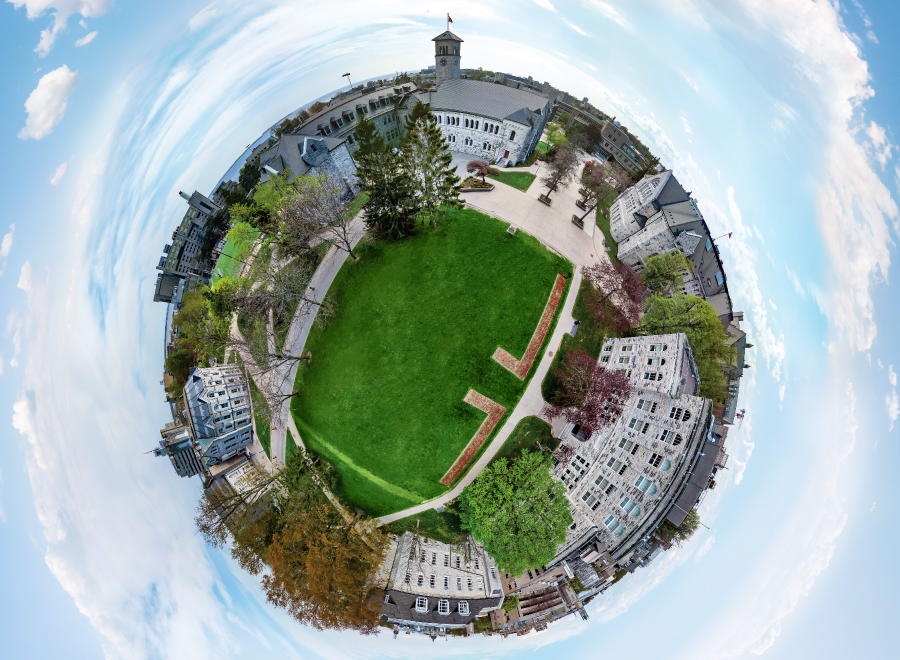 Stylized image of the Queen's campus made to look like an earth-like planet.
