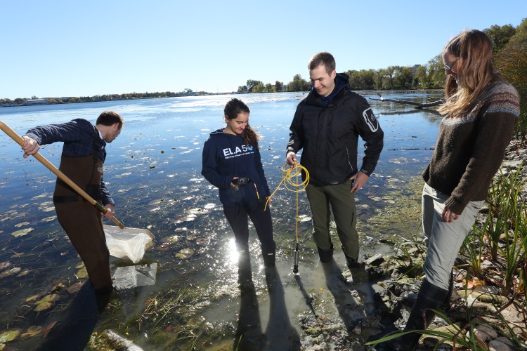 [Queen's researchers sampling water in Lake Ontario]