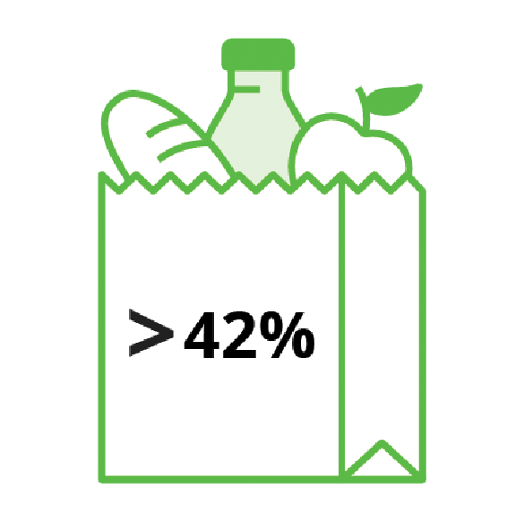 [Line drawing of a bag of groceries with the number >42%]