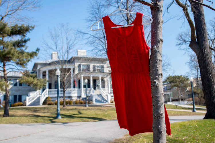 [A red dress hangs from a tree in front of Summerhill as part of the REDress Project art installation.]