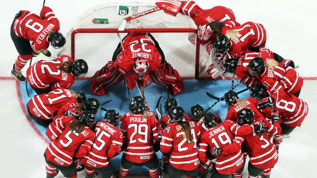 Hockey team huddled around the net