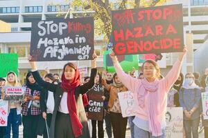 People rally in support of the Hazara people of Afghanistan, in Saskatoon in 2002. Photo by Courtesy Maryam Masoomi