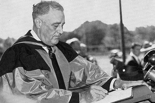 Franklin D. Roosevelt giving a speech at Queen's University.