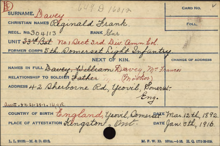 One of Reginald Davey’s enlistment documents. Photo: Library and Archives Canada