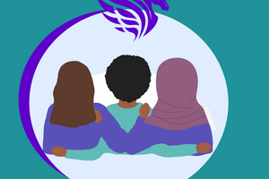 three people with arms around each other and purple pegasus horse at top