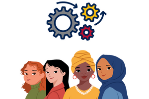 four women with cog wheels turning above heads