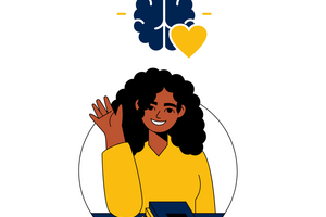 student sitting with books waving with brain and heart above head
