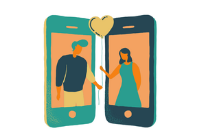 two people on phone screen facing towards each other holding heart balloon
