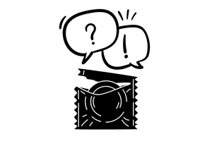 speech bubbles with question and exclamation point over condom