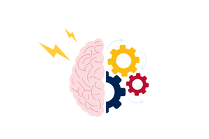 brain with lightening bolts and cog wheels 