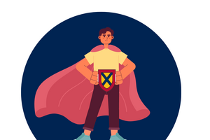 male with cape and blue background holding Queen's shield 
