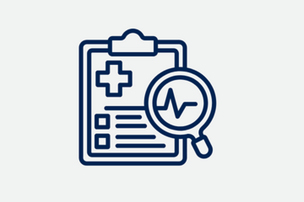 Icon of a clipboard with a medical cross and checklist, accompanied by a magnifying glass highlighting a heartbeat line