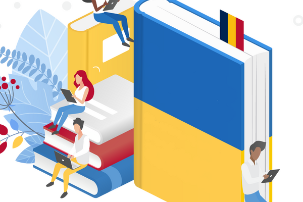 books and students holding laptops and tablets