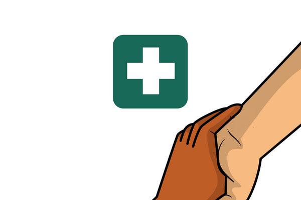 green square with plus sign above two hands holding