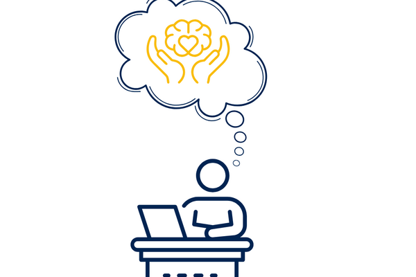 person sitting at desk with speech bubble that has hands and brain