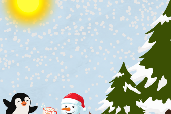 sun and snow covered trees with snowman and penguin skating