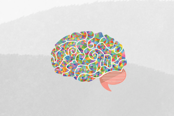 multi-coloured brain on grey background