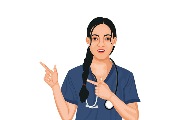 nurse in blue scrubs with stethoscope around neck