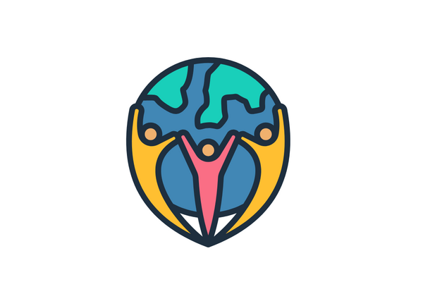 globe with 3 people reaching up together