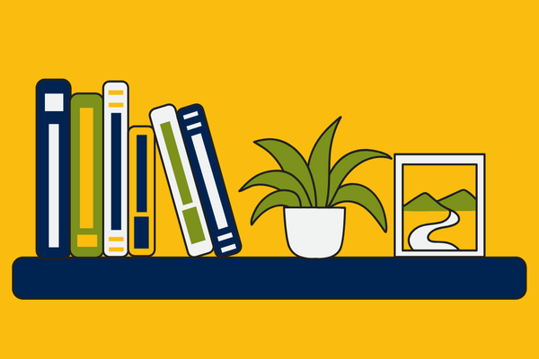 bookshelf with books, a plant and picture