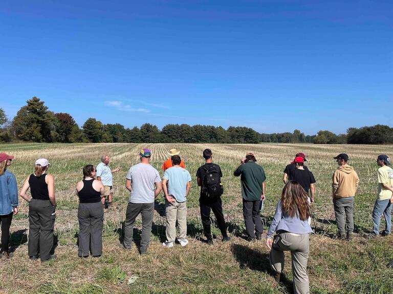 Charlie describing his soyabean which was recently harvested, and to which he has been adding Wollastonite to enhance soil C sequestration – trials in progress!