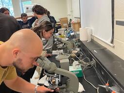 Chris and Mikaela looking for soil nematodes, amoeba and protozoa