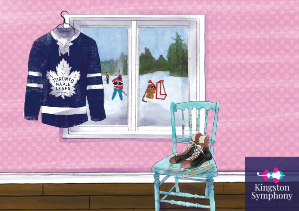 A Toronto Maple Leafs Jersey hangs next to a window. Outside the window, young hockey players skate on a frozen pond, all wearing Montreal Canadiens Jerseys