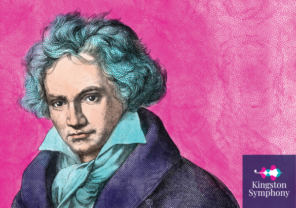 A drawing of Beethoven against a playful pink background
