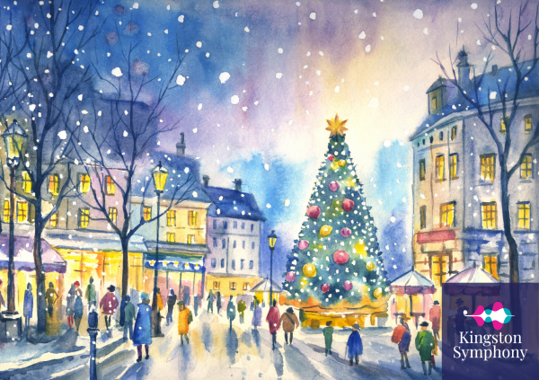 A snowy street filled with christmas lights. In the distance, a tall christmas tree glimmers