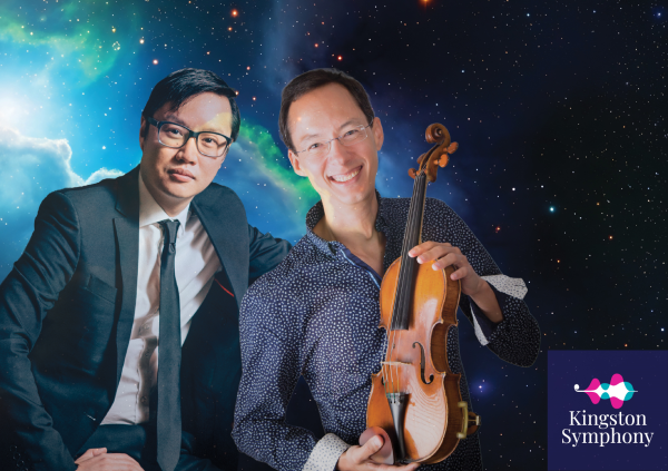 Philip Chiu and Robert Uchida pose against a starry outer space background