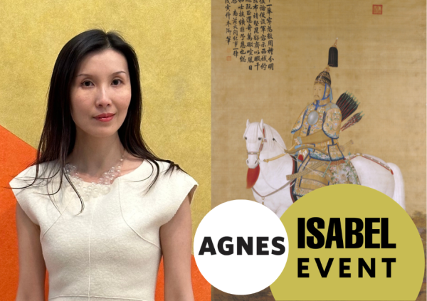 A headshot of Dr. Mei Mei Rado and a Portrait of Emperor Qianlong on Horseback, a painting from the 18th century or Qing dynasty 