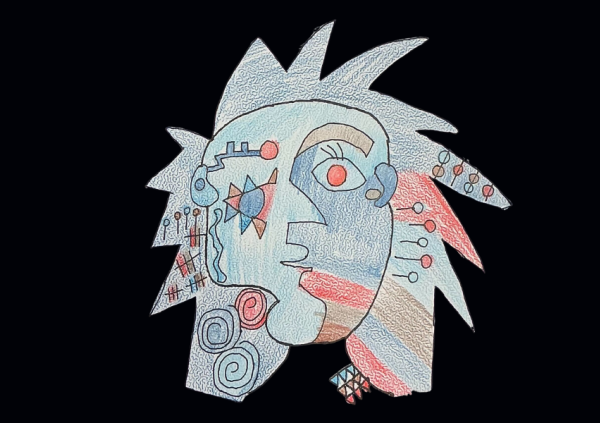 A modern art face with funky blue and red shapes