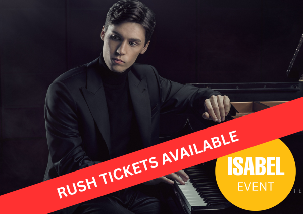Jaeden Izik-Dzurko sits at a piano, a red banner announces that rush tickets are on sale