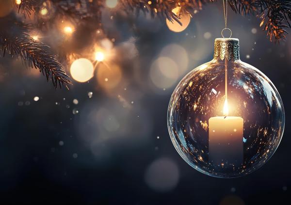 A Christmas bauble with a candle magically suspended inside