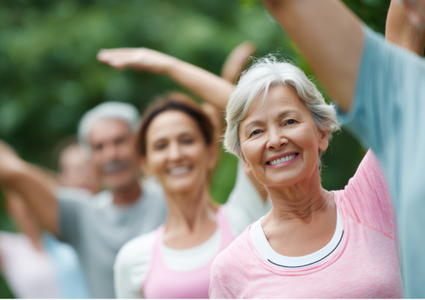 Smiling seniors exercise in the park