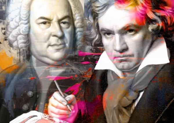 Bach and Beethoven surrounded by swirling colour