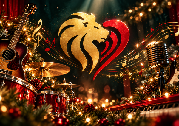 A glittering Christmas scene surrounds the Lionhearts logo